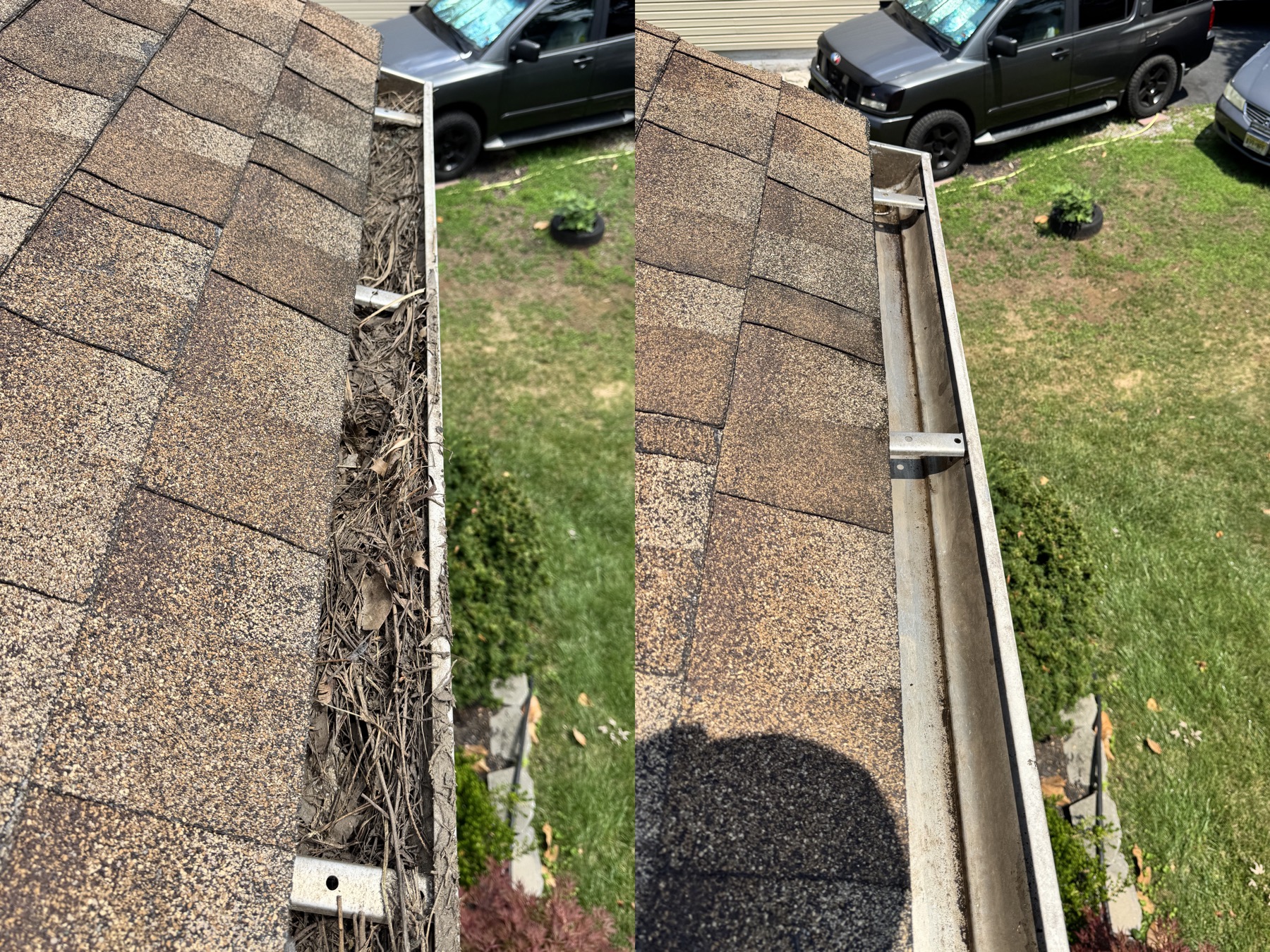 Before and after gutter cleaning with leaves and roof debris