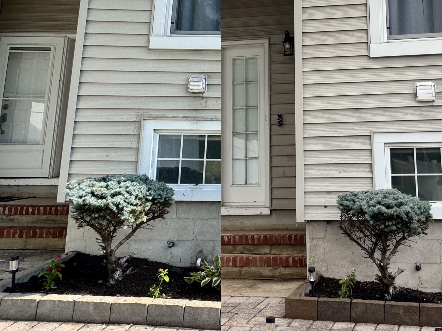 Before and after house wash cleaning near an entryway